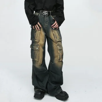 American Vintage Washed Zoufalý Džíny Pro Muže Y2K High Street Nich Designu Cargo Kalhoty Multi-pocket Denimi Kalhoty 청바지 джинсы